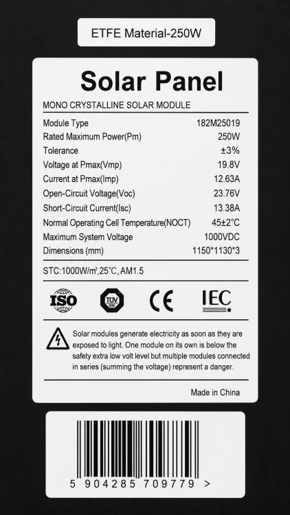 Tabliczka znamionowa panelu solarnego ETFE 250W model 182M25019.png