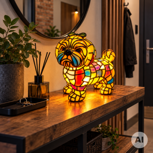 Świecąca lampka LED piesek Shih Tzu na konsoli loftowej w przedpokoju.png