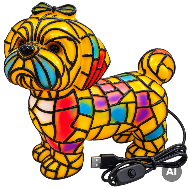 Ręcznie malowana lampka LED piesek Shih Tzu – detal kolorowej mozaiki.png
