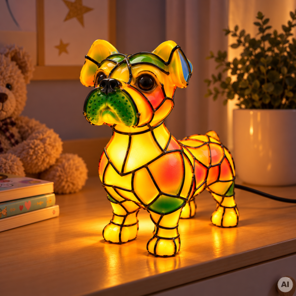 Lampka piesek LED na komodzie wieczorem – kolorowa lampka dekoracyjna z ciepłym światłem.png