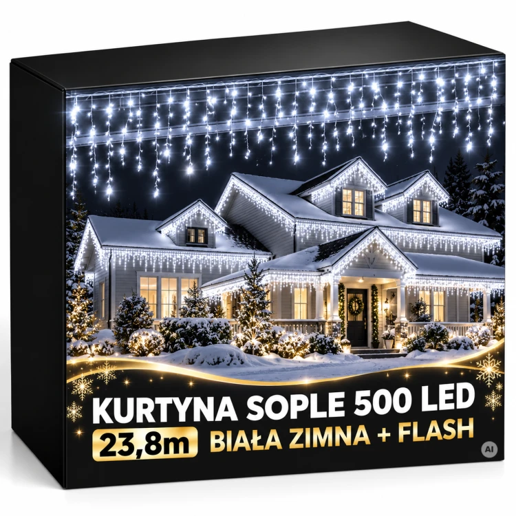 Kurtyna świąteczna LED 500 LED 23,8 m biała zimna z efektem FLASH