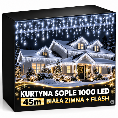 Kurtyna świąteczna LED 1000 LED 45 m biała zimna z efektem FLASH