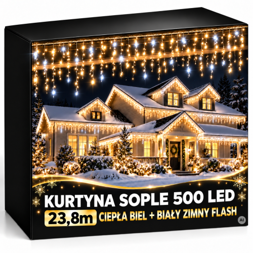 Świąteczna kurtyna sopli LED na śnieżnym domu.png