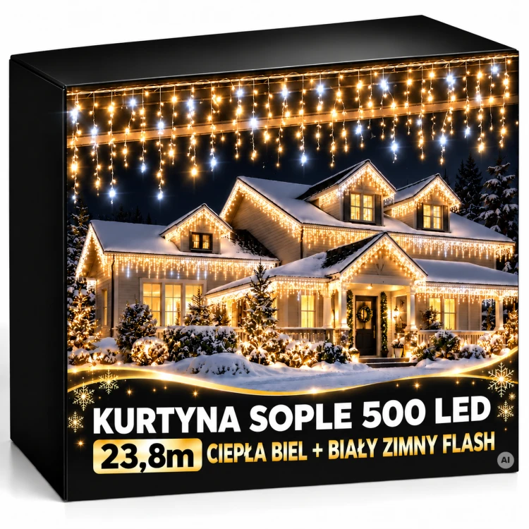 Świąteczna kurtyna sopli LED na śnieżnym domu.png