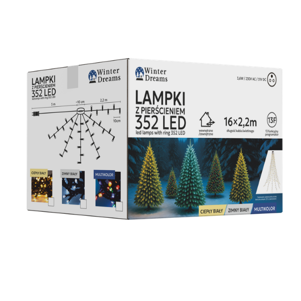 Lampki LED z pierścieniem 352 LED – świetlna dekoracja w zimnej bieli.