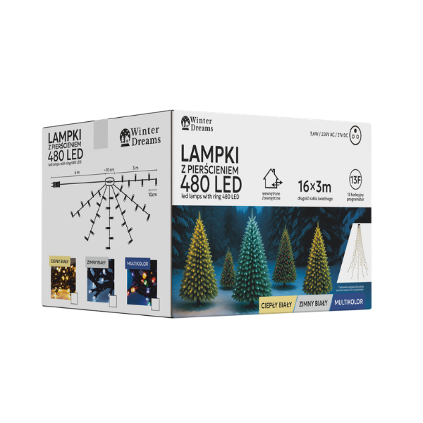 Lampki LED z pierścieniem 3 m – 480 punktów świetlnych w kolorze zimnej bieli.