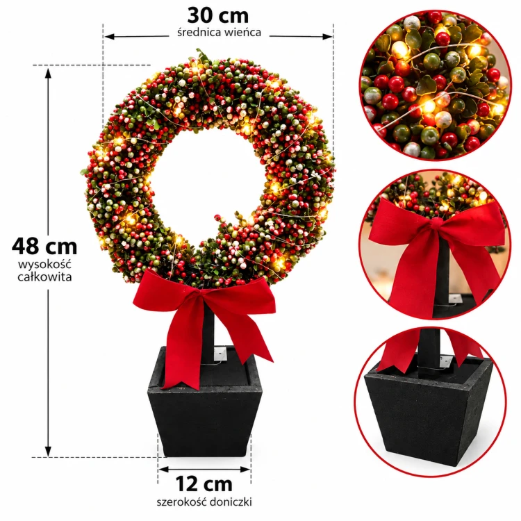 Wieniec świąteczny LED 48 cm wysokości, średnica 30 cm, doniczka 12 cm – wymiary dekoracji bożonarodzeniowej