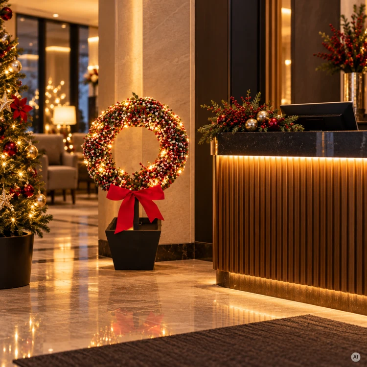Dekoracyjny wieniec bożonarodzeniowy LED w doniczce – elegancka ozdoba świąteczna do hotelu i recepcji