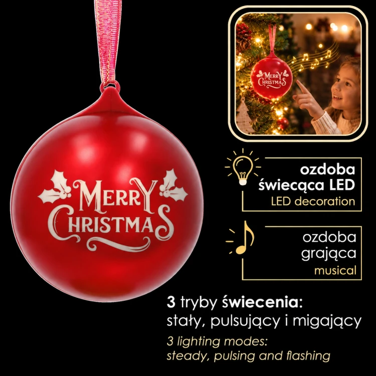 Świecąca i grająca bombka choinkowa LED Merry Christmas, trzy tryby świecenia i odtwarzanie muzyki Bluetooth