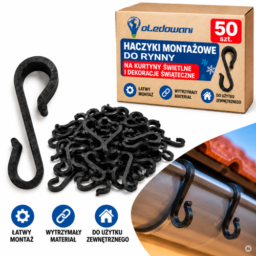 Haczyki montażowe do rynny na lampki choinkowe i kurtyny świetlne LED, zestaw 50 sztuk, czarne