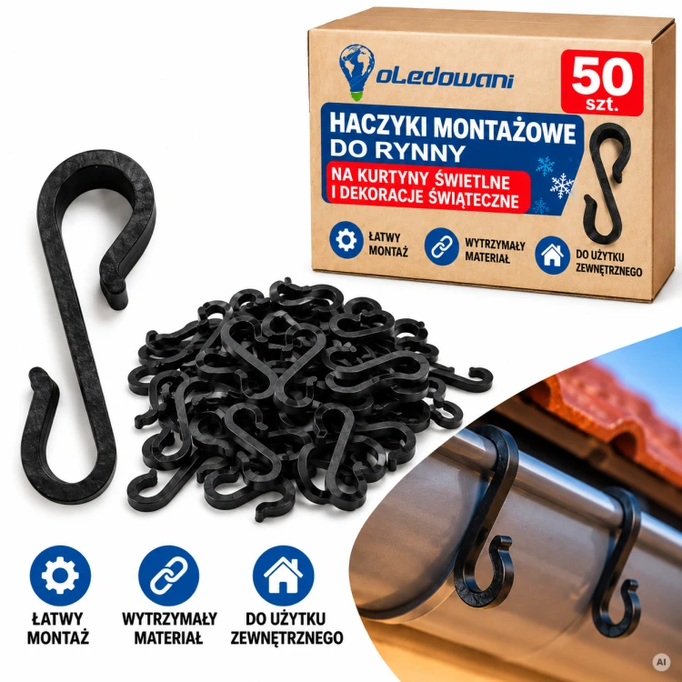 Haczyki montażowe do rynny na lampki choinkowe i kurtyny świetlne LED, zestaw 50 sztuk, czarne